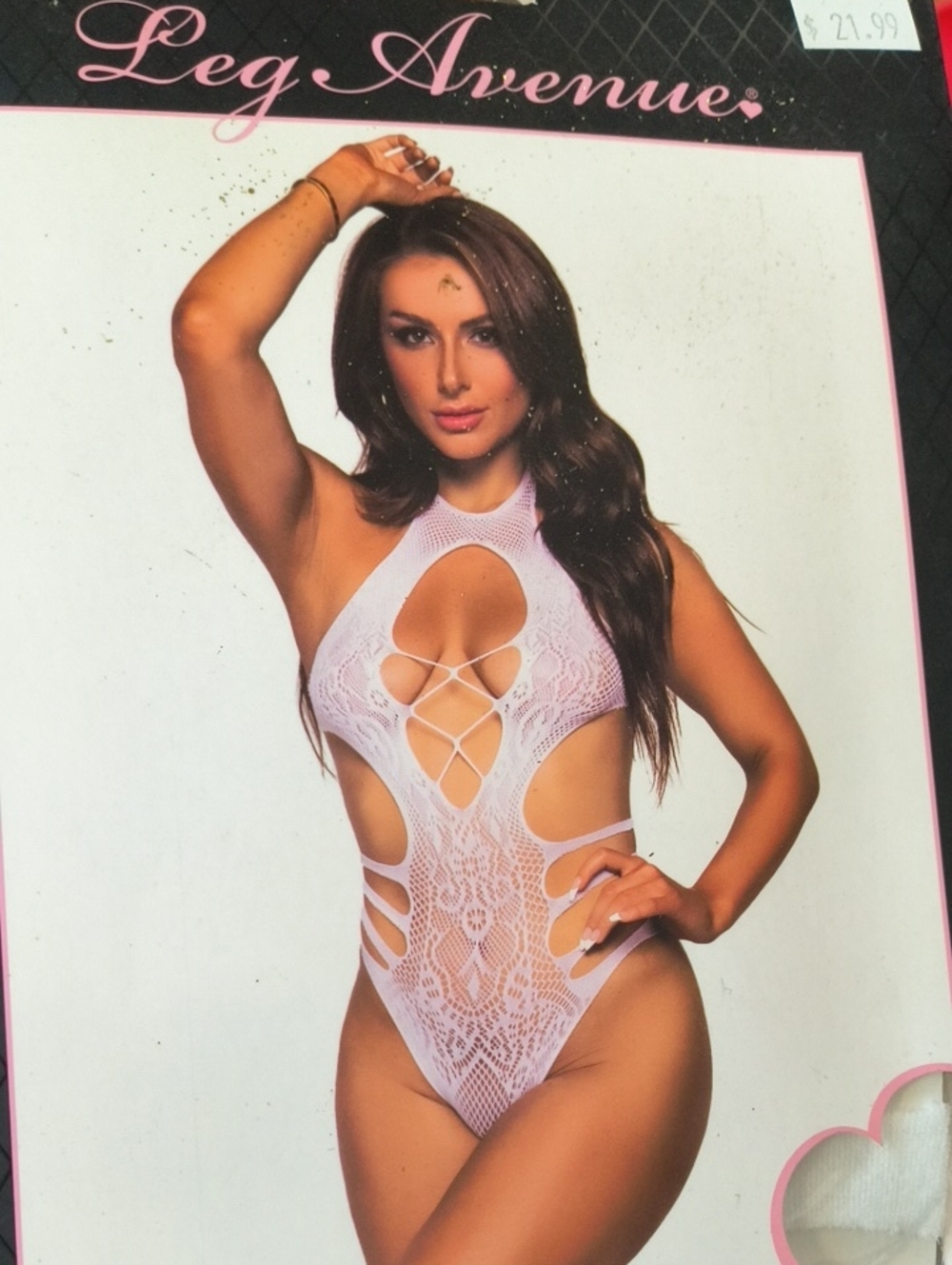 Leg Avenue White  Lace Cutout High-Neck Bodysuit - Light Pink